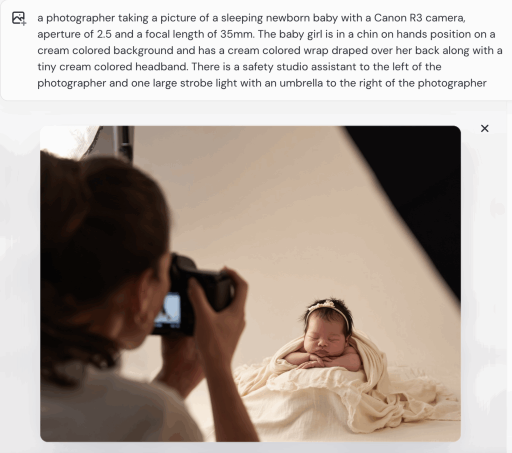 an example of how a more detailed prompt can get you much closer to the response that you're looking for with AI for newborn photographers